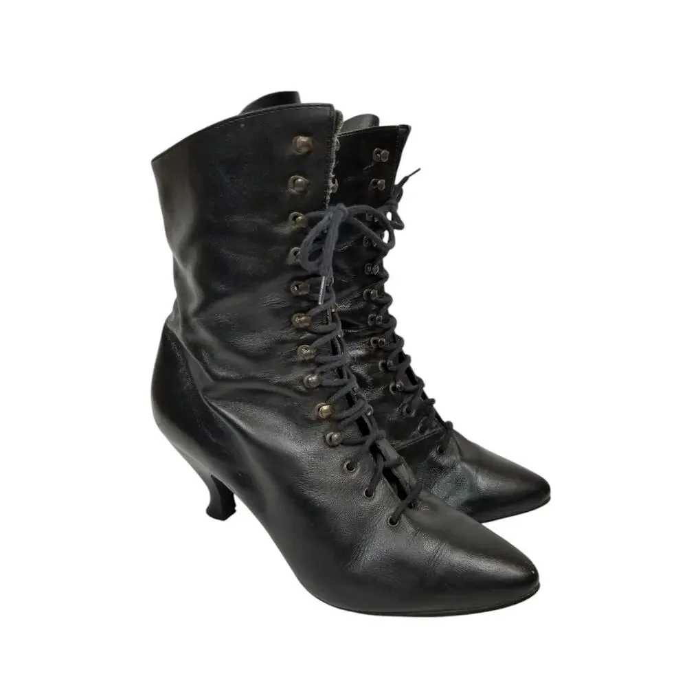 Poppies Black Leather Victorian Lace-up Boots Size 7.5 - Picture 1 of 12